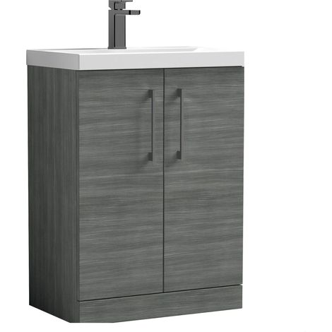 Balterley Bramshall Contemporary Bathroom Floor Standing 2-Door Vanity Unit & Mid-Edge Basin, Anthracite Woodgrain, 600mm