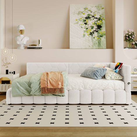Lit banquette 90x200 cm avec coffre hydraulique, LED multicolore, USB et USB-C, sommier à lattes inclus, tissu blanc, sans matelas (1/5)