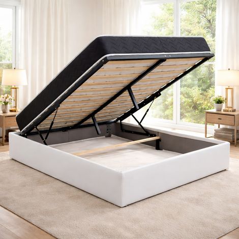 Ensemble Lit Coffre et Matelas 140x190 cm - Couleur : Blanc - Sommier Relevable avec Grand Coffre de Rangement et Vérins Hydrauliques - Matelas Latex Accueil Moelleux Soutien Ferme - Lit Coffre Déhous (1/5)