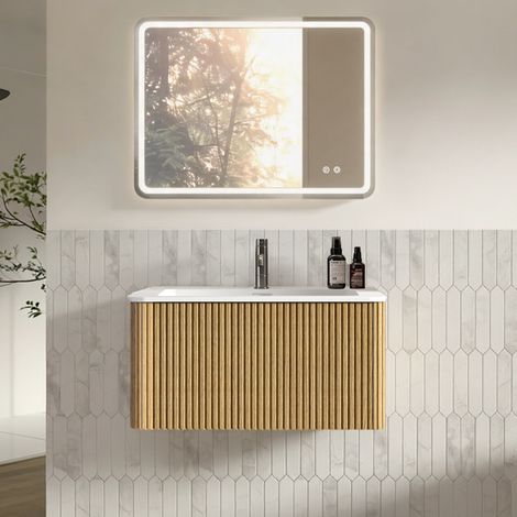 Mobile bagno con lavabo 80 cm e specchio LED 60 x 80 cm, sospeso, rovere DESVIAE (1/5)
