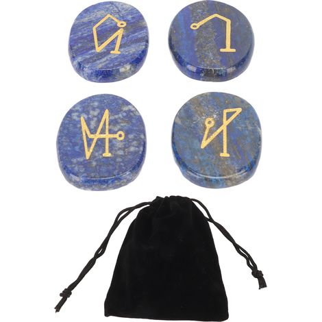 Pierre semi-précieuse naturelle, pierre de guérison spirituelle, sculpture en pierre semi-précieuse représentant quatre runes d'anges, lapis-lazuli poli avec symboles magiques gravés en or. (1/5)