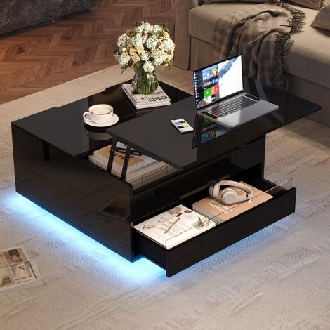 Table Basse Carrée Relevable avec 1 Tiroir et Rangement Caché, LED Contrôlée par App, Salon, 70 × 70 × 38 cm (1/5)