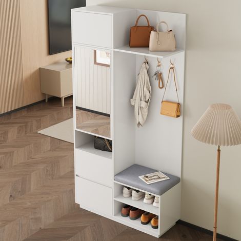 Guardaroba da ingresso 90x34.5x190 cm, con specchio, panca, scarpiera, cassetti e ganci, MDF bianco (1/5)