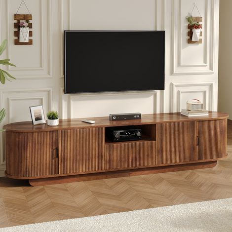 Mobile TV 200x40x50 cm, struttura a onde 3D, ante scorrevoli, vano aperto, MDF e pannello truciolare, noce (1/5)