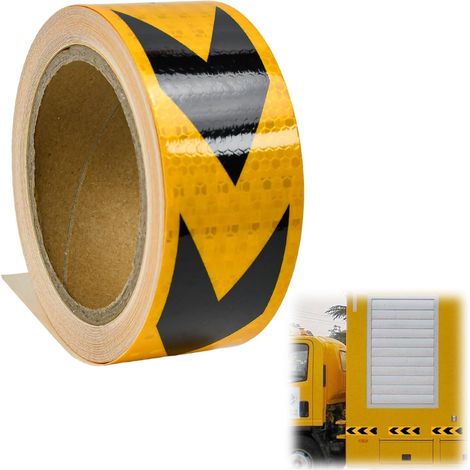Bande Réfléchissante Autocollanten 10 m x 5 cm, Ruban de Signalisation Adhésif avec Flèches Réfléchissantes, Bandes de Sécurité Réfléchissants, pour Véhicules Marquage au Sol Casque, Jaune/Noir (1/5)