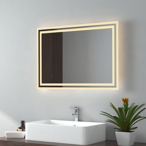 EMKE Miroir de salle de bain 70x50cm, Miroir LED avec Interrupteur à bouton, Anti-buée, Miroir avec éclairage lumière Blanche Froide/Chaude (1/5)