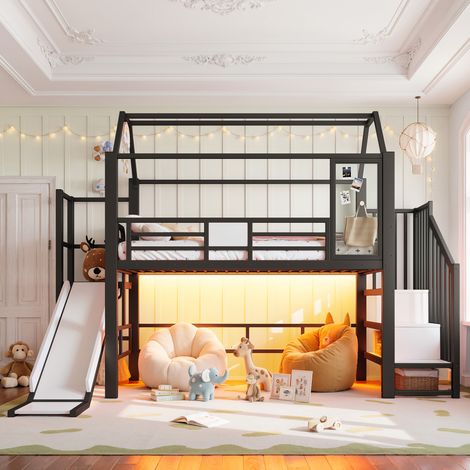 Lit mezzanine enfant 90 x 200 cm en métal noir, design maison avec toboggan, escalier à rangements, tringle à vêtements et éclairage LED Bluetooth, conforme EN 747 – CHICFURN (1/5)