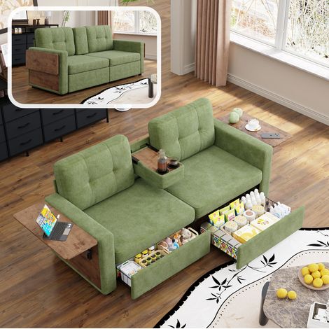 Sofá 2 plazas 178x71x57,5 cm en tejido chenilla verde, con almacenaje para salón moderno FloraGrace (1/5)