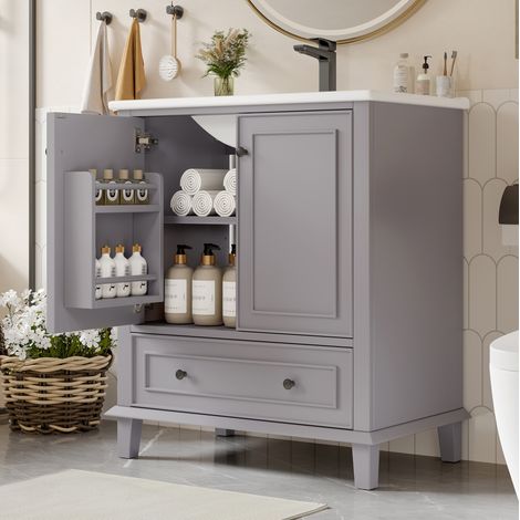 Meuble de salle de bain avec vasque 76 x 46 x 87 cm, gris, avec rangements et pieds en bois HAVRYA (1/5)
