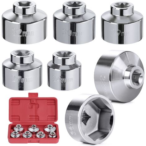 7 PCS Jeu de Tasses de Clé de Filtre à Huile, 3/8" Entraînement Hexagonal 24-38mm Outil de Retrait de Douille de Filtre à Huile compatibles avec boîtier de cartouche en papier BMW, Mercedes, VW (1/5)