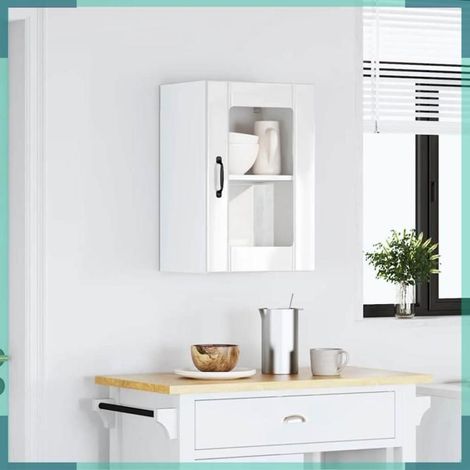 853769 Armoire murale cuisine avec porte en verre Lucca blanc brillant (1/5)