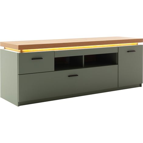 Wohnzimmer-Fernsehschrank mit156 cm Breite in Grün mit Eiche, 1 Tür, 2 Schubladen, 2 Fächer, LED-Akzentbeleuchtung - MOSTAR-05 (1/5)