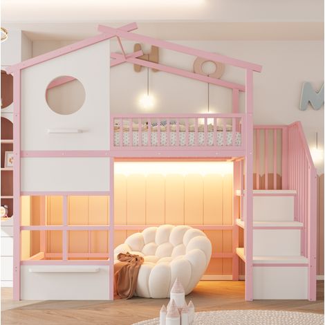 Etagenbett 90/200 cm Rosa/Weiß aus Metall mit LED und Stauraumtreppe (1/5)