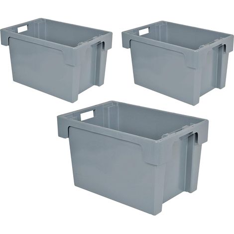 BRB Lot de 3 récipients empilables - Qualité alimentaire - 600 x 400 x 400 mm - 70 l - Gris