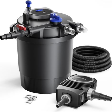 SunSun Komplettset: CPF-20000 Teichdruckfilter bis 10000 L mit 11 Watt UV-C Teichklärer, NEO6000 SuperEco Teichpumpe 6000l/h 40W, 5m Teichschlauch 38 mm (1 1/2"), Schlauchschellen W1 44-47mm (1/5)