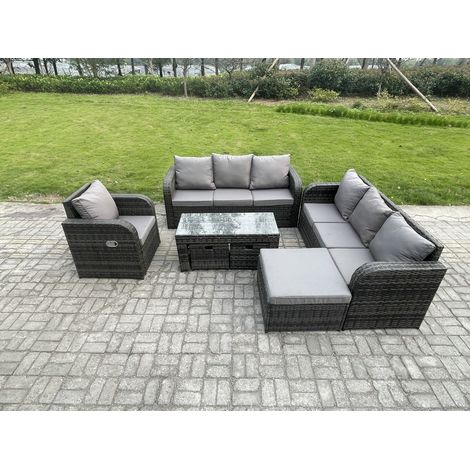 Fimous 10 places Ensemble de canapés en rotin Salon de jardin avec Table basse rectangulaire 3 Tabourets Canapé 3 places Gris foncé mixte (1/5)