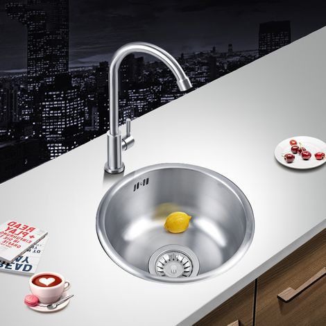 Skecten – Évier de cuisine rond en acier inoxydable brossé – Dimensions 41 x 19 cm – Résistant aux taches et rayures – Avec crépine et piège (1/6)