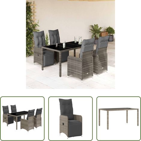 Gartentisch -  5-tlg. Garten-Bistro-Set mit Kissen Grau Poly Rattan (1/5)