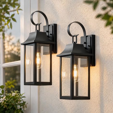 Grande Lanterne Murale Exterieur 2 Stück, applique murale exterieur, E27 Porche Lampe Murale Extérieure avec Verre, Noir Porche Luminaire Exterieur pour Jardin Porte d'Entrée, IP44 Etanche (1/5)