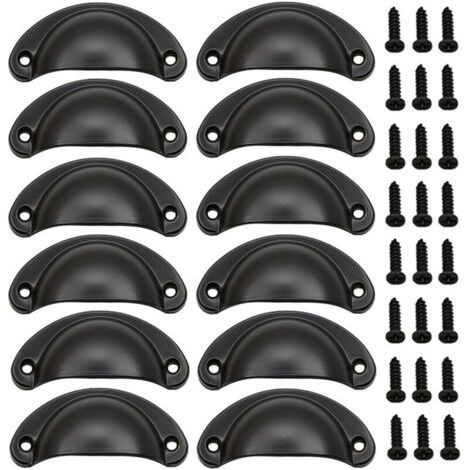 (Noir) Lot de 12 poignées coquillage vintage, poignées de porte en fer vintage avec vis pour meubles, commodes et armoires de cuisine (1/3)
