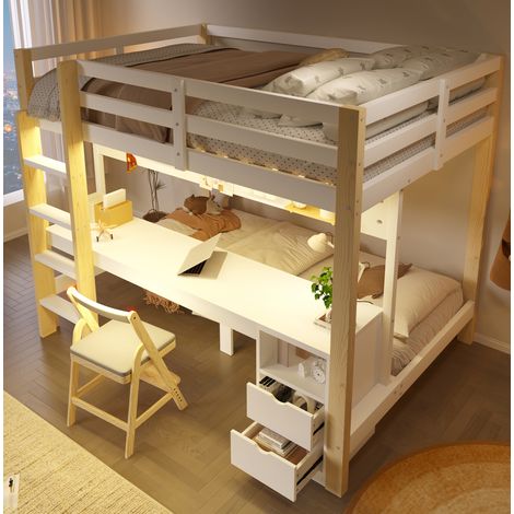 Litera 140x200/90x200 de madera con escritorio, cajones y LED (1/5)