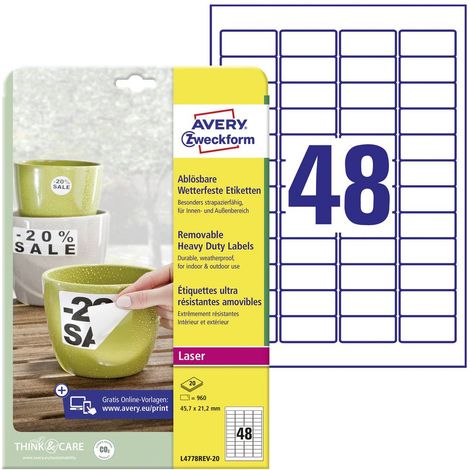 Avery-Zweckform L4778REV-20 Etichetta a pellicola 45.7 x 21.2 mm Pellicola in poliestere Bianco 960 pz. Staccabile Stam (1/5)
