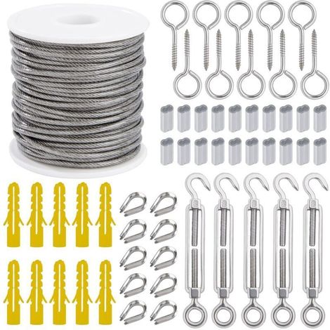 Câble Métallique Suspendre Kit 2mm Corde en Acier Inoxydable 30m avec Tendeur Vis à œillet Manchons en Aluminium Cosse Coeur 56 Pièces- (1/4)