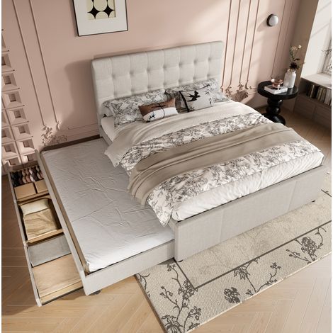 lit adulte double rangement extensible 140x200 beige OKMYHOME (1/5)
