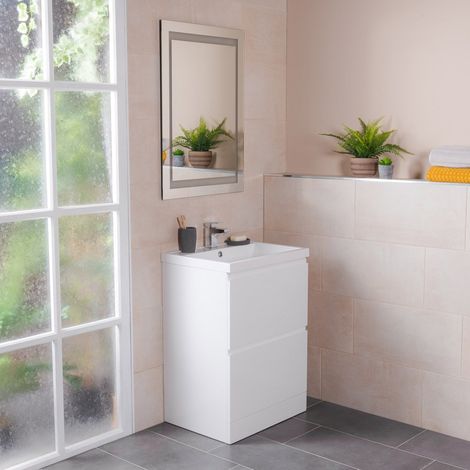 White 600mm Bathroom Floor Vanity Sink Unit 2 Drawer Furniture with Free Mirror (1/5)