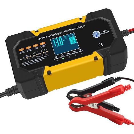 Jaune 12V 10A 24V 5AChargeur de batterie de voiture 12V 10A 24V 5A, chargeur de réparation à impulsions intelligent, chargeur de batterie de moto compatible avec les batteries au plomb-acide. (1/4)