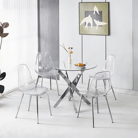 Ensemble repas 5 pièces : table ronde en verre 80 cm avec 4 chaises transparentes (1/5)