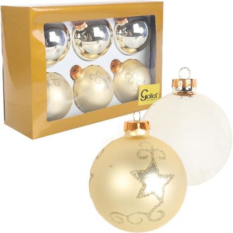 Juego de 6 elegantes adornos de cristal color crema con purpurina plateada de 8 cm. (1/5)