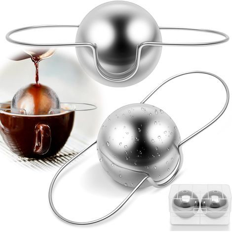 Set di 2 sfere di raffreddamento per caffè espresso in acciaio inox, cubetti di ghiaccio riutilizzabili per raffreddare rapidamente il caffè, colore argento, con supporto. (1/2)