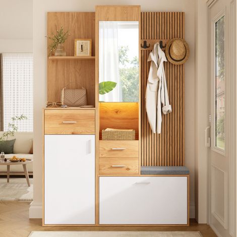 Mueble de recibidor compacto con zapatero banco espejo y luces led - 120x32x178cm - perchero de entrada con cajones y trampon de mdf - blanco y natural (1/5)