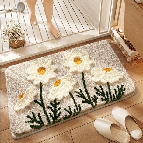 Tapis de bain, paillasson, tapis de douche, tapis de baignoire antidérapant et lavable, motif marguerites, 80 x 50 cm (1/4)