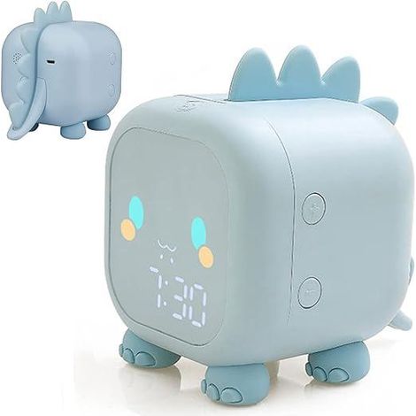 Kinderwecker für Mädchen und Jungen (Blau) mit LED-Digitalanzeige in Dinosaurierform, Timer, einstellbarer Lautstärke, Schlummerfunktion, Nachtlicht und USB-Aufladung (1/5)