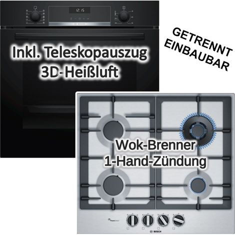 Herdset Bosch Backofen Serie 6 71 Liter mit Gaskochfeld WOK-Brenner - autark, 60 cm