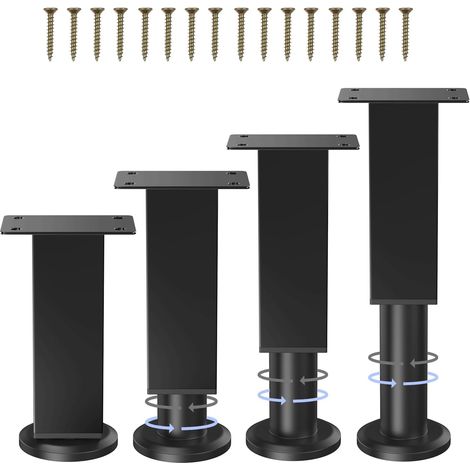 4 Pièces Pieds de Meubles Réglables 12cm-18cm Carré Pied de Sommier Metal avec Vis Noir Pieds Ajustables en Hauteur pour Canapé Armoire Lit Meuble TV Commode Salle de Bain (1/5)