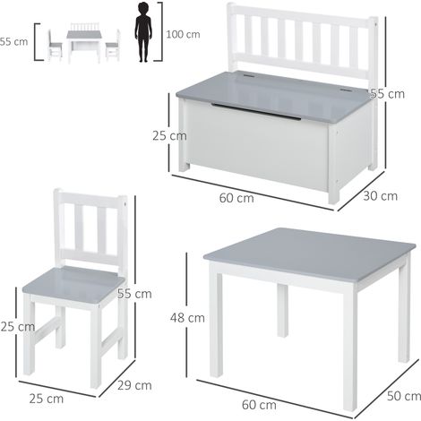 Ensemble table et chaises pour enfants (avec 2 chaises et un coffre en bois), pour chambre d'enfant, blanc et gris. (1/5)