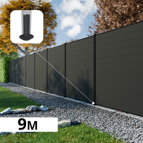 Kit Clôture Composite RIO Anthracite 9x1,8m - Bois composite & Aluminium - Poteaux sur Platines Noir - Brise vue (1/5)