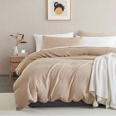 Parure de lit 135 x 200 cm - Beige gaufré - Tricot à la Main - Motif géométrique - Housse de Couette et 1 taie d'oreiller 80 x 80 cm - avec Fermeture éclair (1/5)