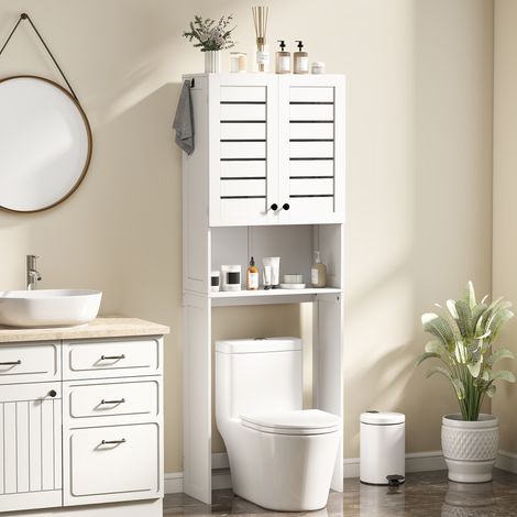 Meuble WC dessus de toilette machine à laver avec placard à porte double, portes à persiennes, blanc, 67x31,5x190cm
