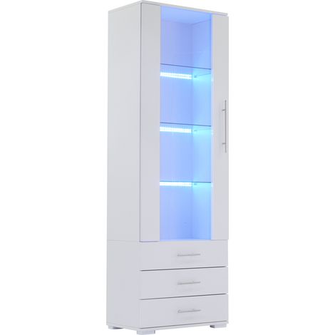 Vitrine haute blanche avec éclairage LED, façade brillante, porte transparente, 3 tiroirs et étagères en verre, 60 x 35 x 180 cm (1/5)