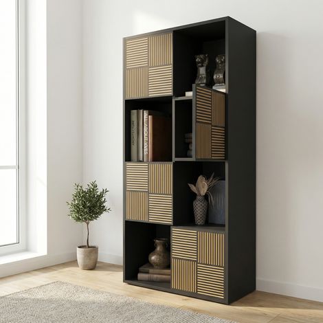 Bibliothèque, 60x30x125cm, Bibliothèque basse, 8 compartiments avec 4 portes, Étagère de rangement, Meuble de rangement Modulable, style moderne/scandinave, Noir
