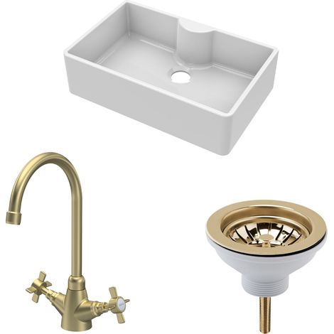 1 Bowl Fireclay Butler Sink with Tap Ledge, Waste & Mono Tap, 795mm - Brushed Brass