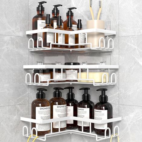 Etagere Douche sans Percage Rangement Salle de Bain Blanc 3 Pieces Support Gel Douche Salle de Bain, Etagere Douche d'angle sans Percage (1/5)