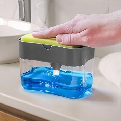1 x distributeur de savon de haute qualité pour la cuisine avec porte éponge intégré pour plan de travail, gris (1/5)