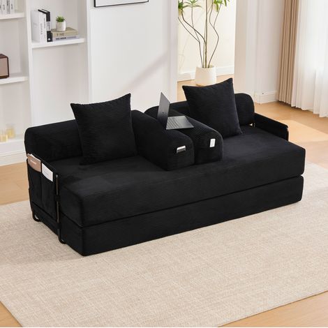 Canapé modulaire en velours côtelé noir 200 cm avec structure métal, poche latérale et 3 coussins (1/5)