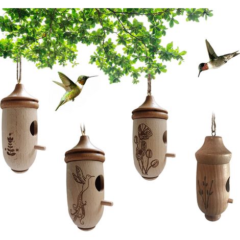 Maison pour Colibris en Bois de Hêtre Naturel, Suspension Décorative pour Jardins et Balcons, Dimensions 12x5x5cm, Kit Unique avec Anneau Métallique (1/5)