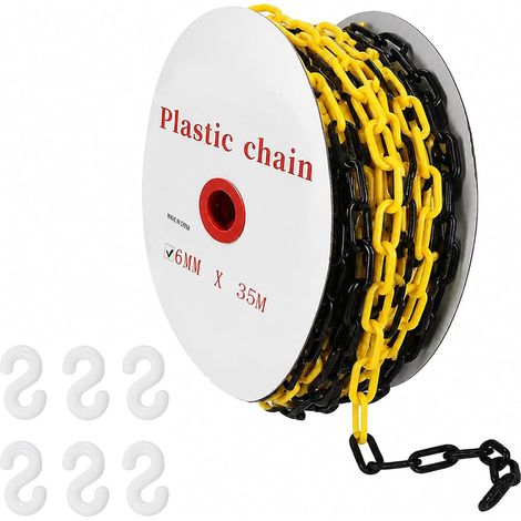 Chaîne de barrière en plastique, 6 mm x 35 m, chaîne d'avertissement, chaîne en plastique avec 6 crochets en S, chaînes de barrière pour chantier, parking, files d'attente et entretien des commandes (1/5)